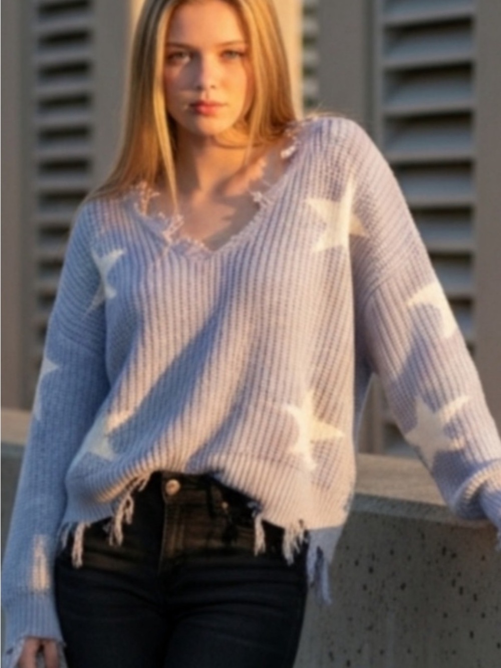 Polly & Esther Light Blue Star V-Neck Distressed Sweater